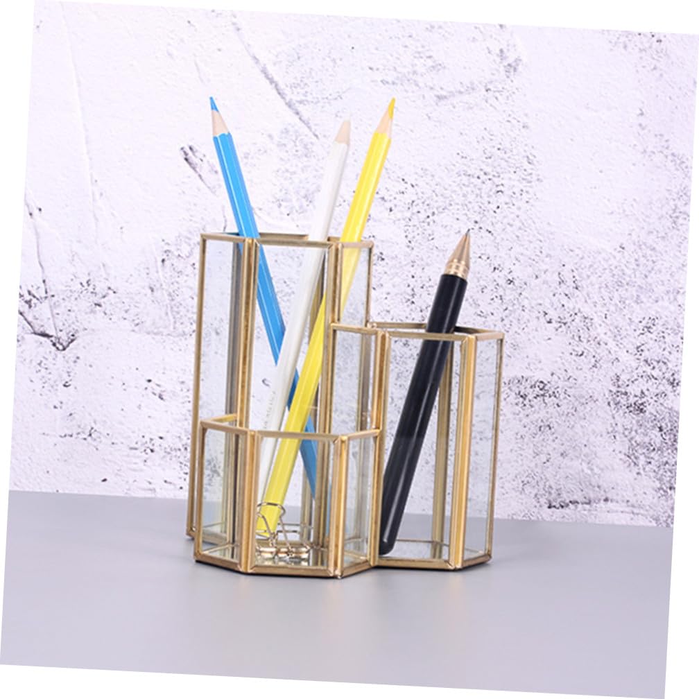 HOMSFOU Sechseckiger Glas Stiftehalter in Gold für Schreibtisch
