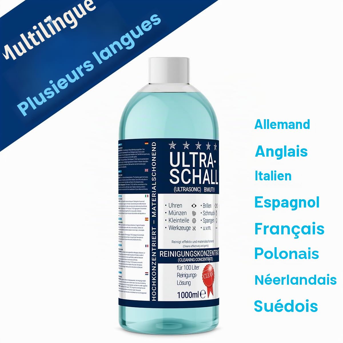 Lot de 2 nettoyants à ultrasons concentrés de 1000 ml | Liquide | pour lunettes, montres, bijoux, prothèses dentaires, etc. dans un bain à ultrasons