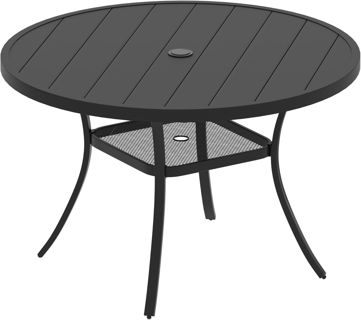 VICLLAX Outdoor Patio Dining Table for 6, Φ48 Round Metal Slatted Tabletop with Storage Shelf & Umbrella Hole for Patio Lawn Deck Backyard, Black Tabletop