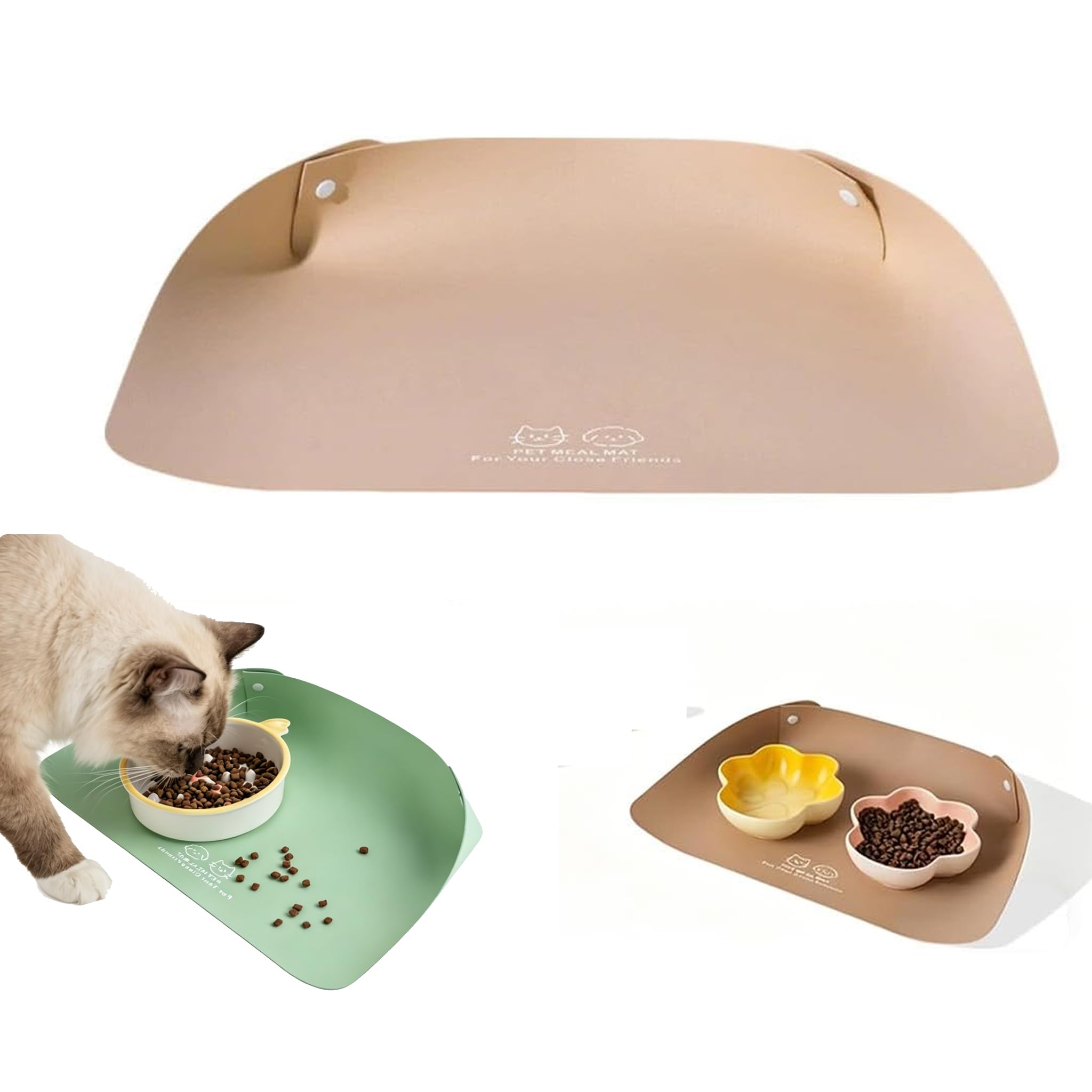 Cat Dog Food Mat, Waterproof Non Slip PU Leather Pet Feeding Mat for Cats and Small Dogs, Easy Clean Raised Edge to Contain Spills, Oil-Proof BPA Free with Grippers for Small to Medium Pets (Khaki) โ image 1