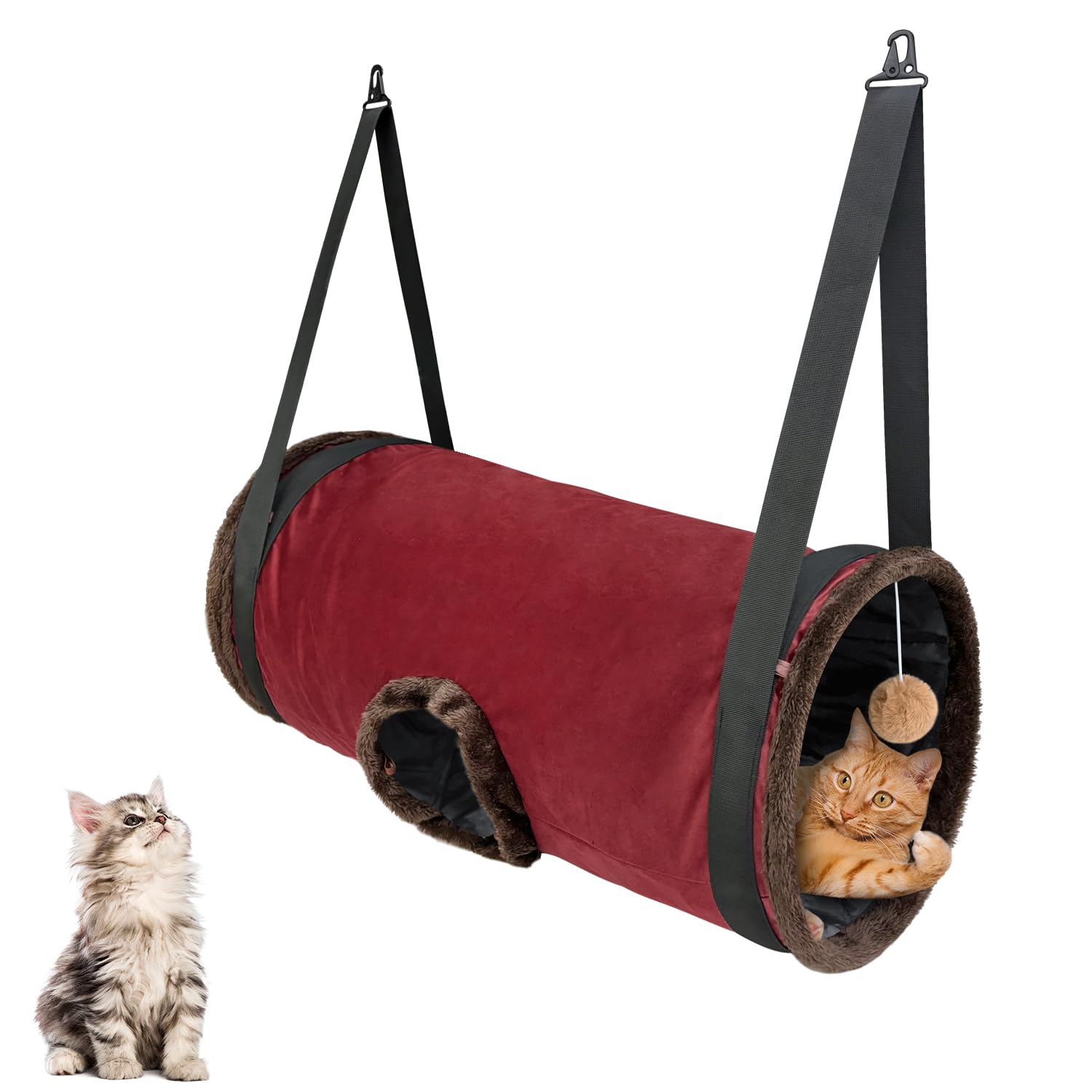 Cat Wall Shelves and Tunnel - Long Toys, Furniture, Hammock, Perches for Pet Play and Rest, Claret