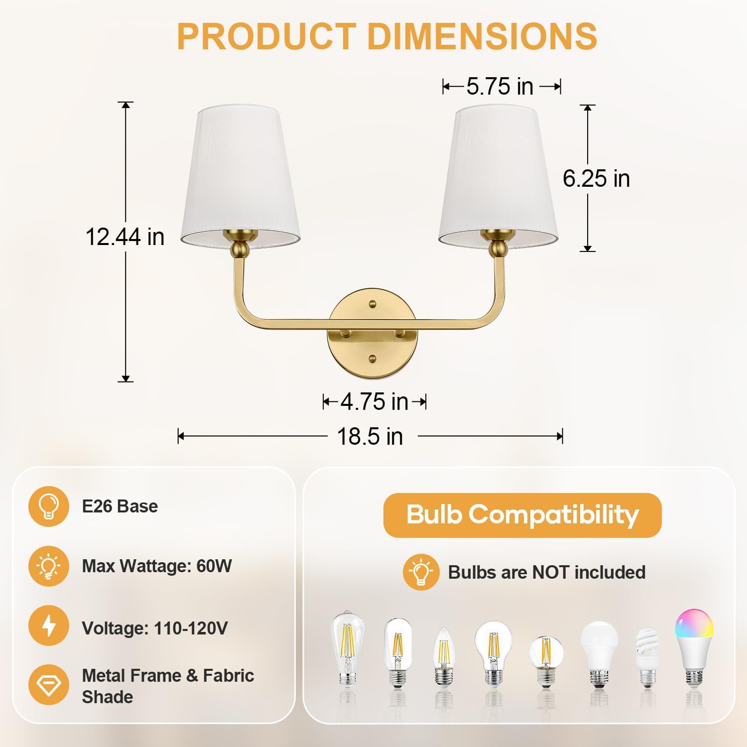 MOKATNG Bathroom Light Fixtures, 2-Light Brushed Gold Vanity Lights, Bathroom Lighting Fixtures Over Mirror with Flared White Fabric Shade, Modern Wall Sconces for Living Room Hallway