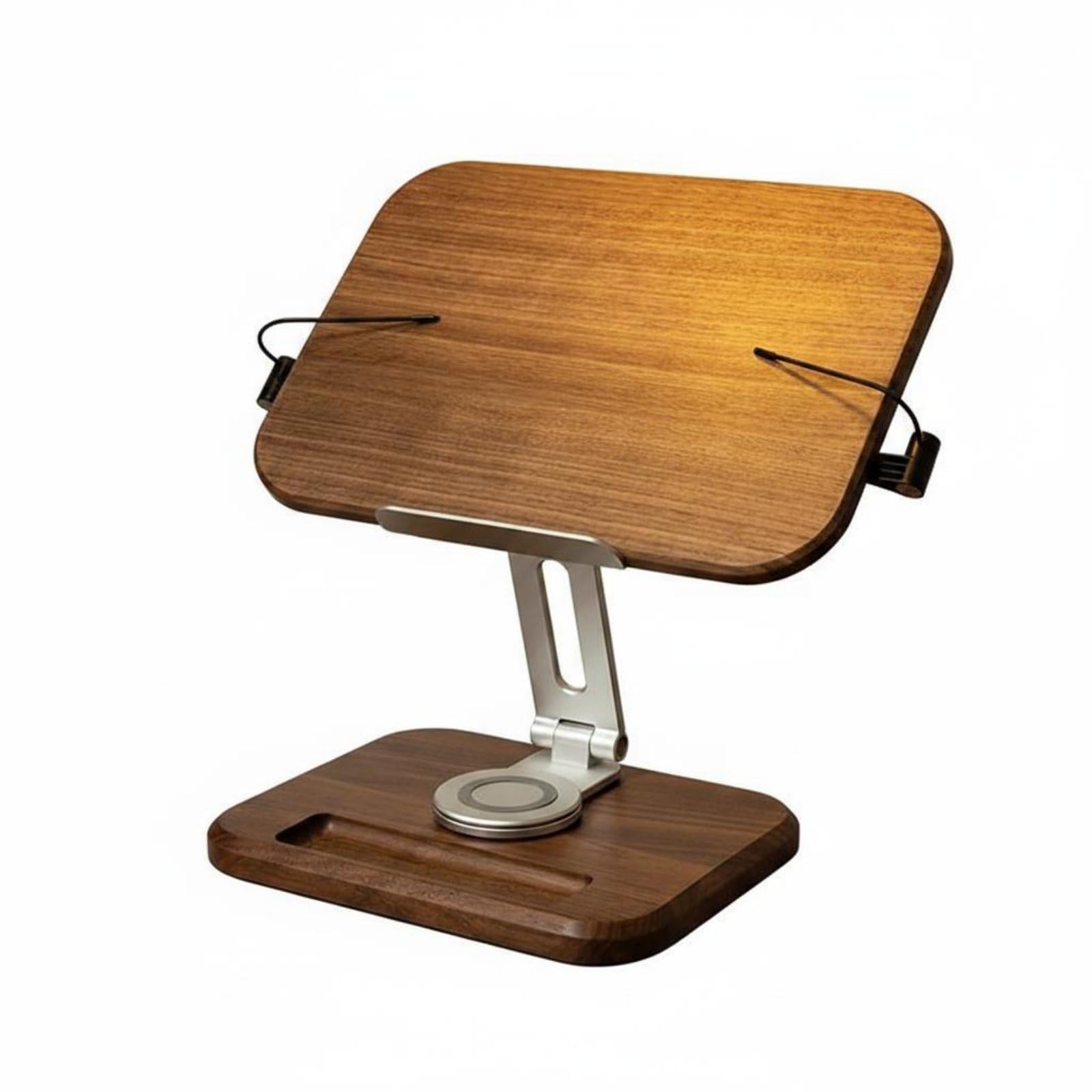 de Lecture Support Livre Lutrin Porte Livre Repose Livre en Noyer Ergonomique avec Bras Réglable en Alliage d'Aluminium et Système Rotatif 360 Pinces