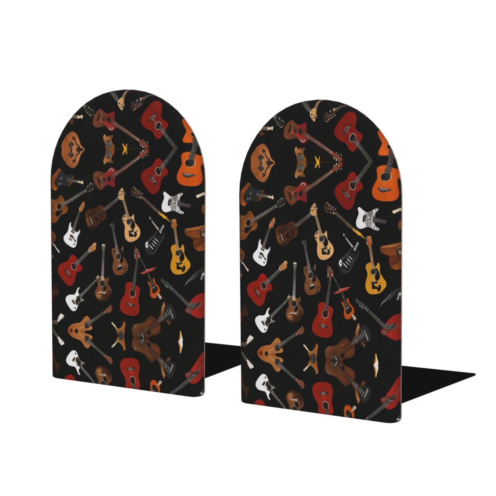 Guitars Stylish Bookends with Full-Print Design Durable Wooden and Metal Bookend Set for Home, Office