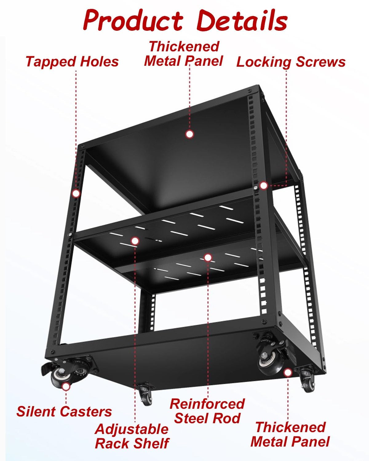 Vibeo Rack di Rete a Telaio Aperto Rack per Server Ventilato con Ripiani e 4 Ruote, Rack di Rete a Telaio Aperto 12U 16U 20U, Sistema Rack Audio per Apparecchiature di Rete da 48 cm(12U,2 Tier)