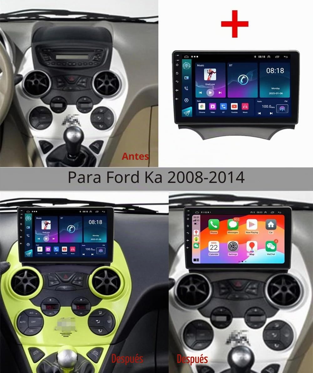 2+64G Radio Doble DIN para Ford Ka 2008-2014 con Pantalla Bluetooth, Radio para Coche con Pantalla táctil IPS de 9 Pulgadas Carplay inalámbrico Android, WiFi cámara de Marcha atrás FM/RDS Mirror Link