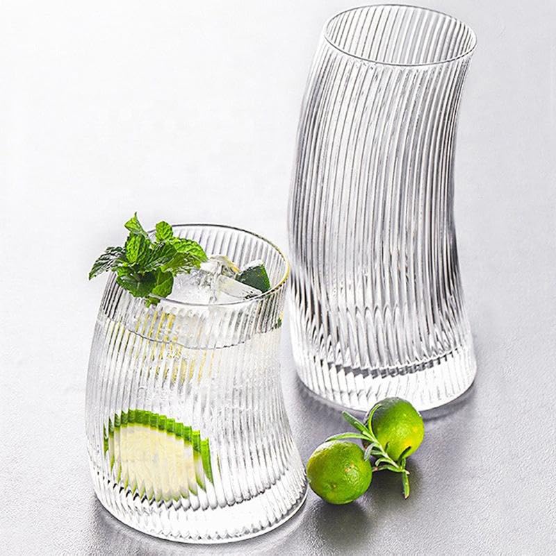 Image of Ribbed Juice Glass Set of 6-450 ML Drinking Glasses Highball Tumbler Glass for Water Cocktail Iced Coffee Beer and Mixed Drinks Transparent Home Kitchen Bar