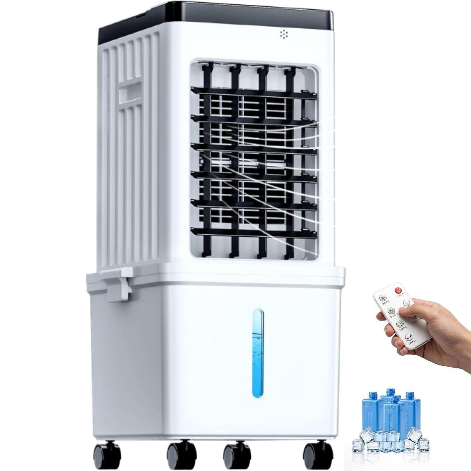 MhWrughts Portable Evaporative Air Cooler 15L Windowless Air Conditioner with 3 Speeds, Built-in Handle and Wheels for Home Bedroom Apartment RemoteControl