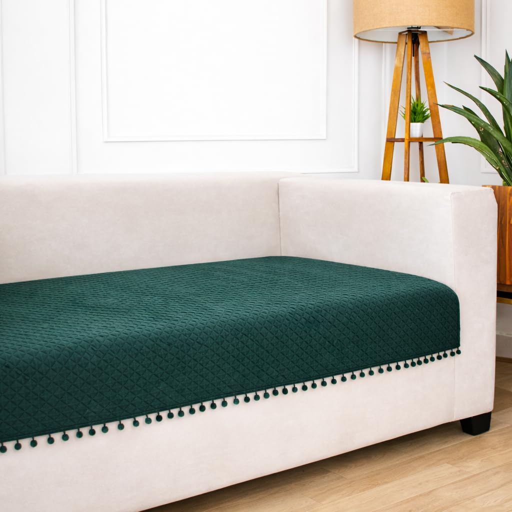 Brick Home 2 Seater Quilted Velvet Sofa Cover Protector with Pompom (Dark Green)