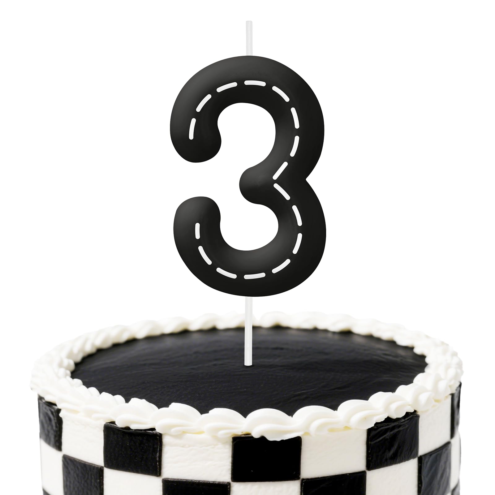 Black White 3rd Birthday Candles, Number Candle Birthday Cake Topper Decorations for Race Car Themed Party, Stripes Birthday Candle for Boys Girls
