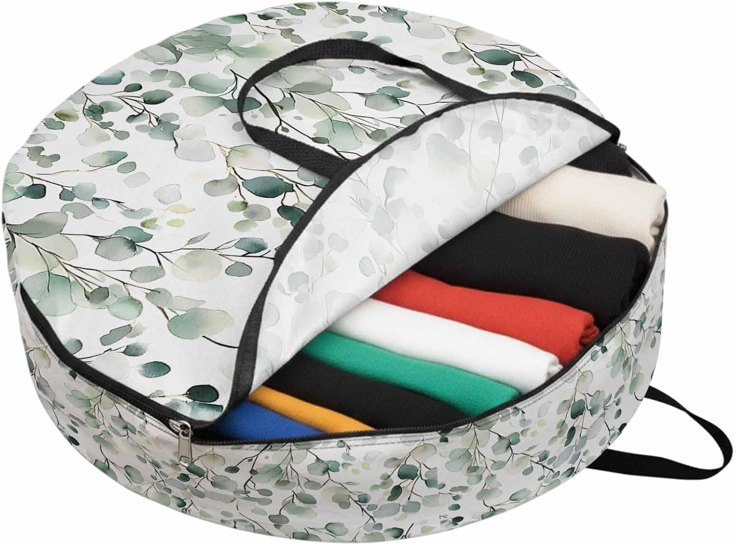Spring Sage Round Storage Bag 36 Inch, Green Eucalyptus Plant Leaves Clothes Storage Container with Handles Heavy Duty Organizer for Comforter, Bedding & Holiday Wreaths