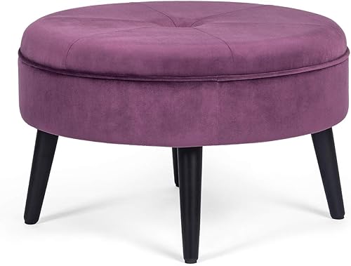 Miniatura 8 de Homebeez Taburete redondo de terciopelo de 23 pulgadas, mesa de centro otomana tapizada, taburetes acolchados con botones y patas de madera maciza,