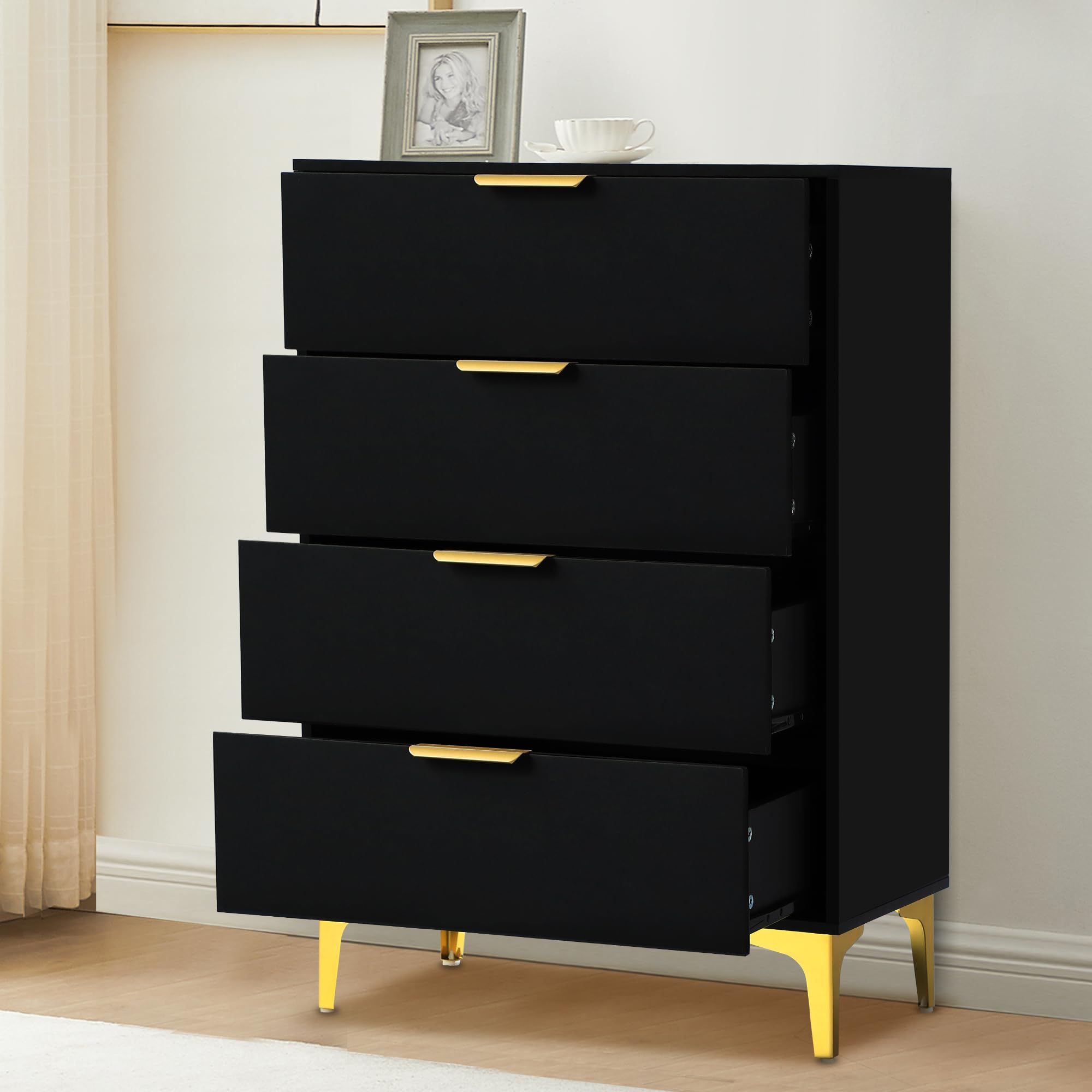 YOCONYO 4 Drawer Dressers for Bedroom, Wood Dresser with Golden Handles, Storage Chest Cabinet Organizer Unit, Chest of Drawers for Living Room,