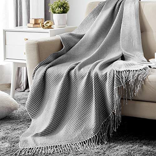 Hansleep Plaid para Sofá, 130x150 cm Waffle Manta Foulard de Punto con Franjas Suave para Cama Sillón - Poliéster Acrílico Cubrecama, Gris y Blanco