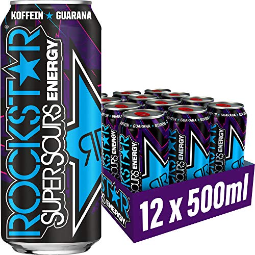 Rockstar Energy Drink Super Sours Blue Raspberry - Saures, koffeinhaltiges Erfrischungsgetränk für den Energie Kick, EINWEG (12x 500ml)