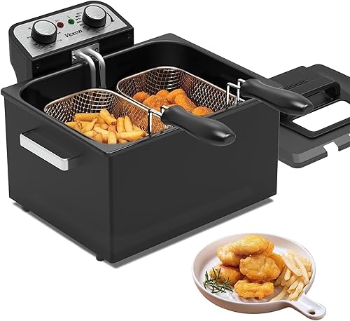 Freidora eléctrica grande de 1800 W, 5 litros21 tazas con 3 cestas de freír, temperatura ajustable, tapa de ventana de visión, olla de freidora