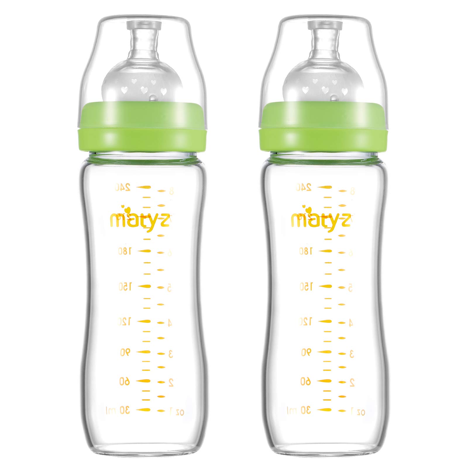 Matyz Glass Breastmilk Baby Feeding Bottle with Nipple, 2 Pack, 8 oz Slim and Light Bottle Easy to Hold, Food Grade Borosilicate Glass, Wide Neck Easy