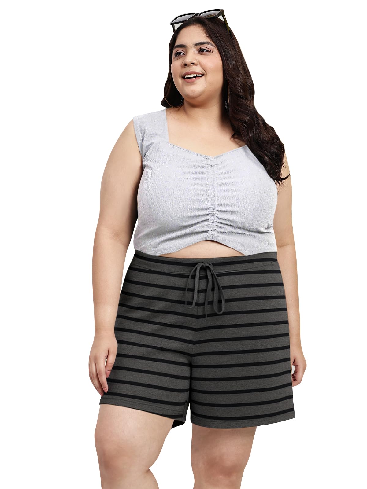 wild u Women Shorts | Drawstring Waist | Waist Elastic | Stetchable | Casual Wear | Gym & Yoga wear (Black Grey, Waist: 38" - 48" | 3XL to 8XL)-picture-51