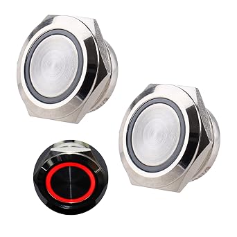 2pcs 19mm Metal Momentary Push Button Switch Waterproof Super Mini Anti-Vandal 12V-24V ON Off 4Pins 1NO 3/4" Mounting Hole Halo Ring LED Silver Shell Red Light
