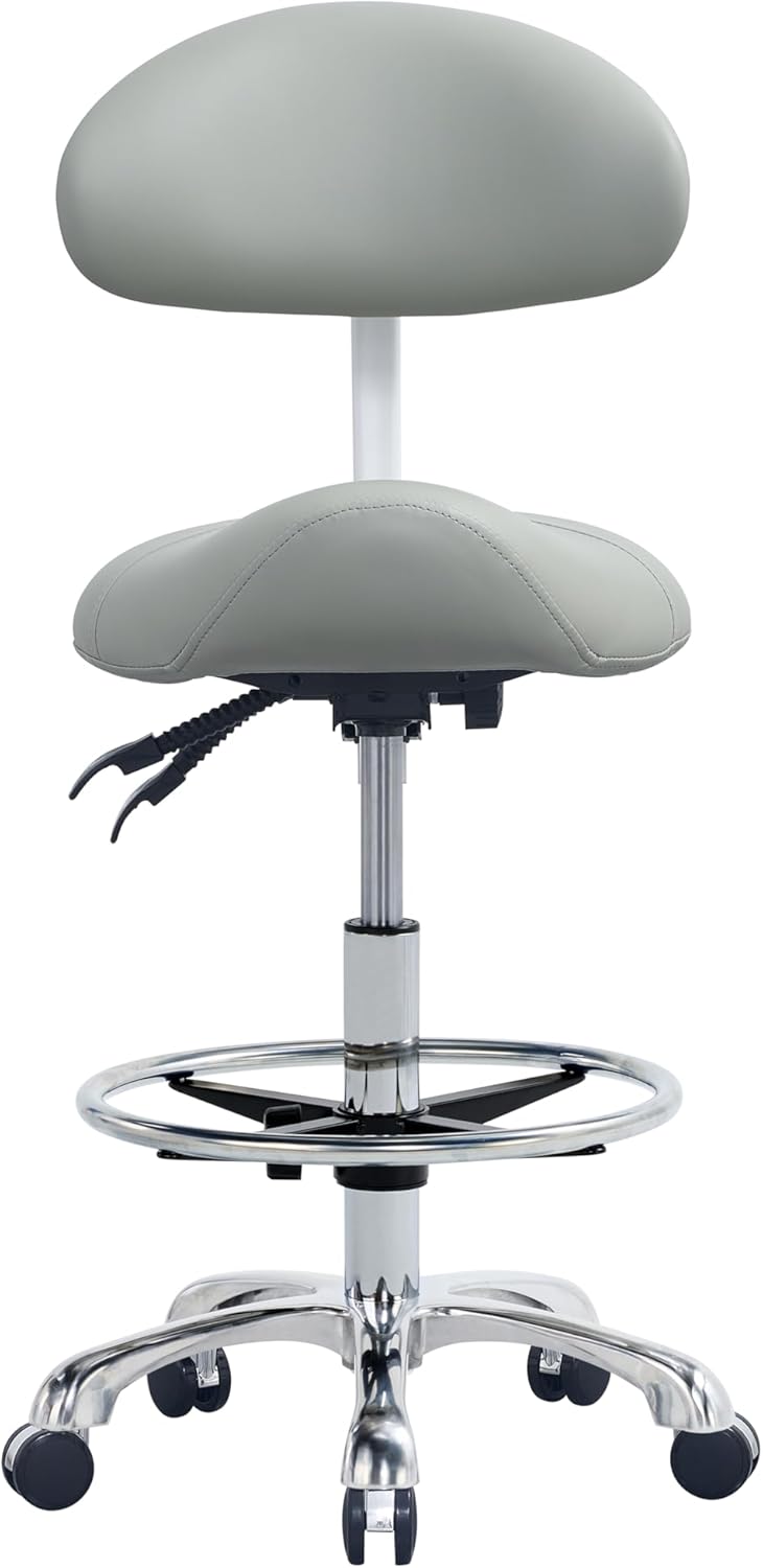 Saddle Stool Chair with Backrest and Foot Ring, Ergonomic Rolling Esthetician Seat for Salon, Tattoo Shop, Spa, Facial lash Home, Dentist Clinic, Esthetician Chair, Grey