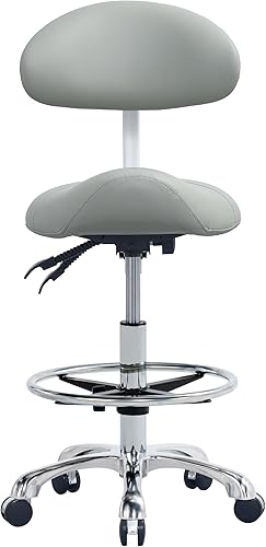 Silla de montar con respaldo y anillo para el pie, asiento ergonómico de esteticista rodante para salón, tienda de tatuajes, spa, pestañas faciales,