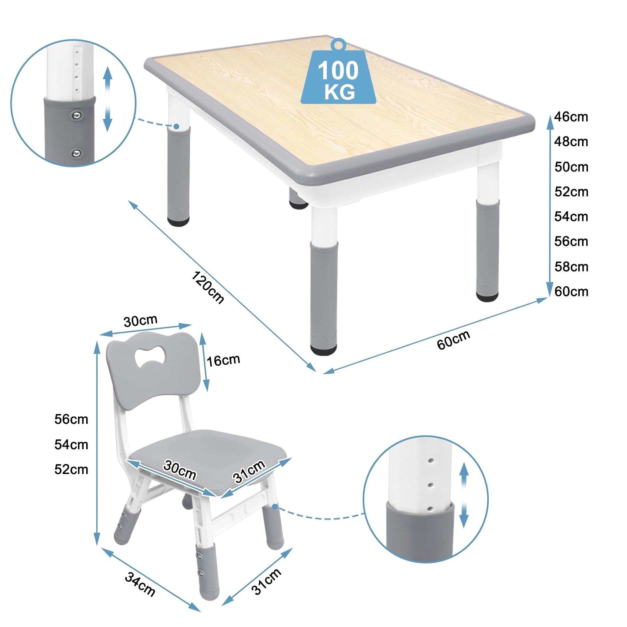 ACXIN Table pour enfants avec ensemble de 4 chaises, ensemble de table pour enfants en plastique, hauteur réglable, ensemble de meubles pour enfants table et chaises pour chambre d'enfant, crèche et