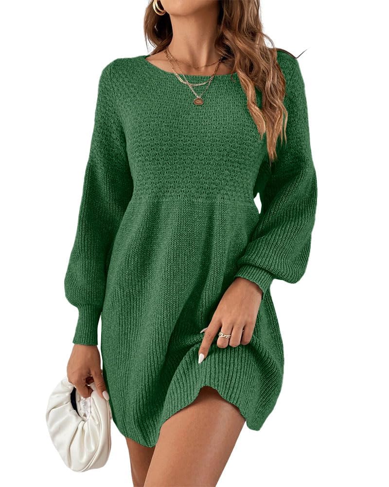 Saodimallsu Damen Rundhals Strickkleid Puffärmel Hoch Tailliert Pulloverkleid Elegant Strickpullover Kleid A-Linie Minikleid