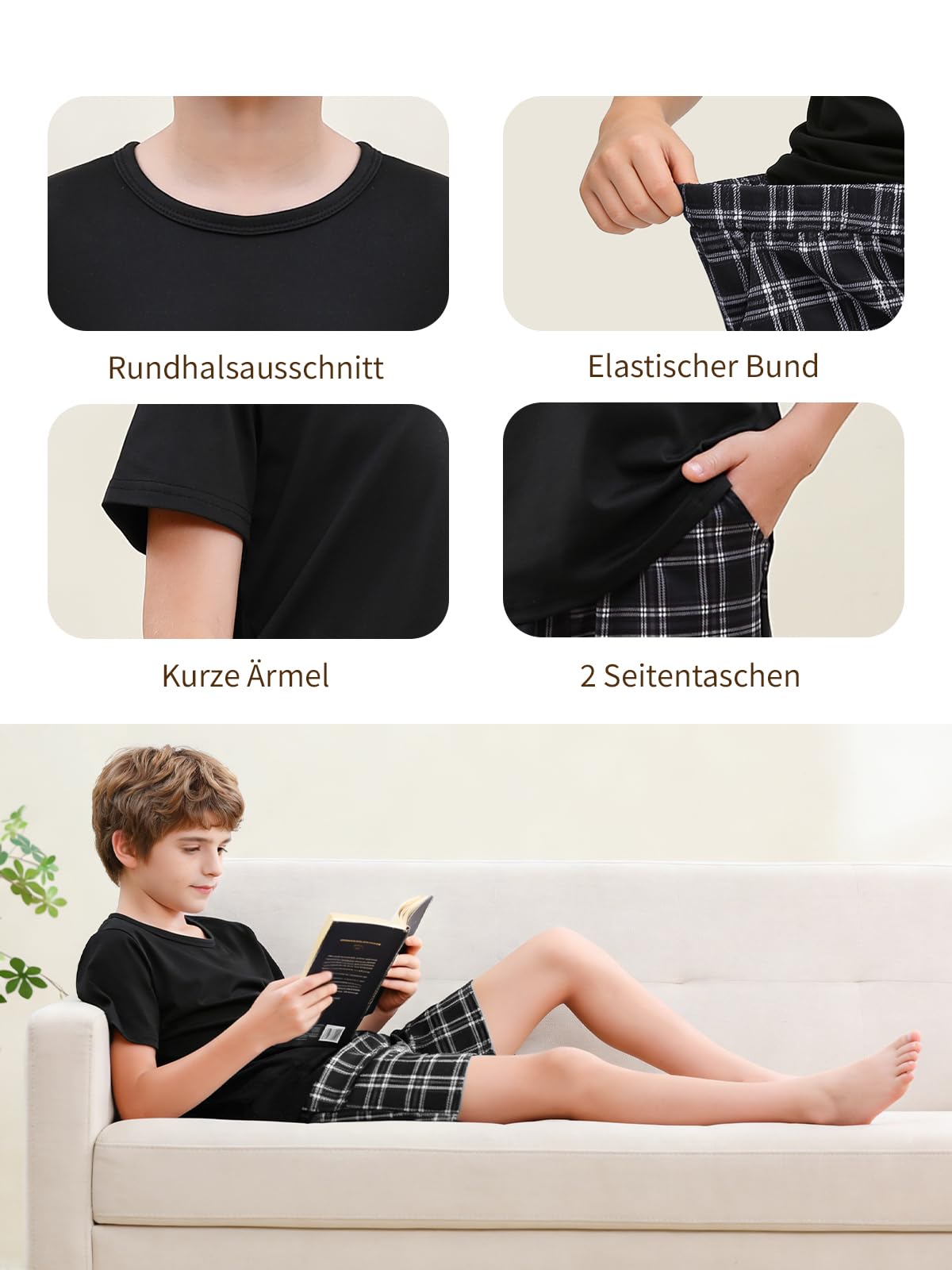 Schlafanzug Jungen Kurz Zweiteiliger Kurzer Schlafanzug Kinder mit 2 Taschen Weich Pyjama Runder Halsausschnitt T-Shirt und Karierte Kurze Hose Sommeroutfits 134-176 für Freizeit Sport Zuhause