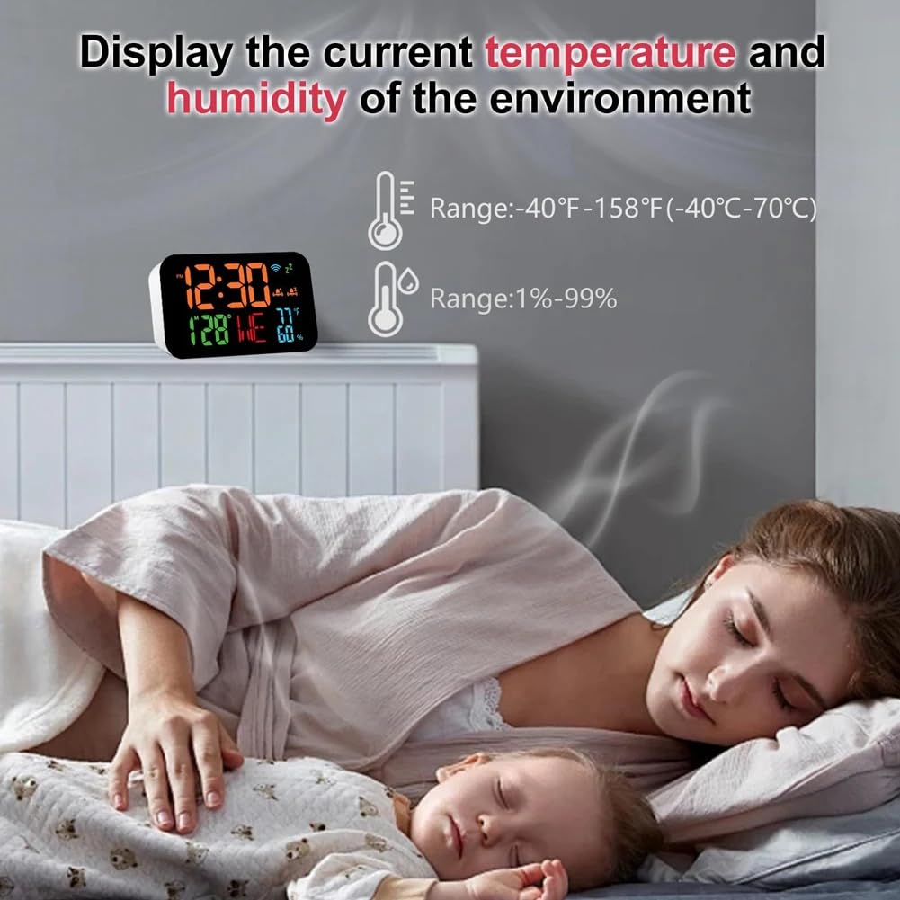 Tuya WiFi Reloj Calendario Termómetro Inteligente Higrómetro con Pantalla LED Digital Soporte WiFi Autocalibración