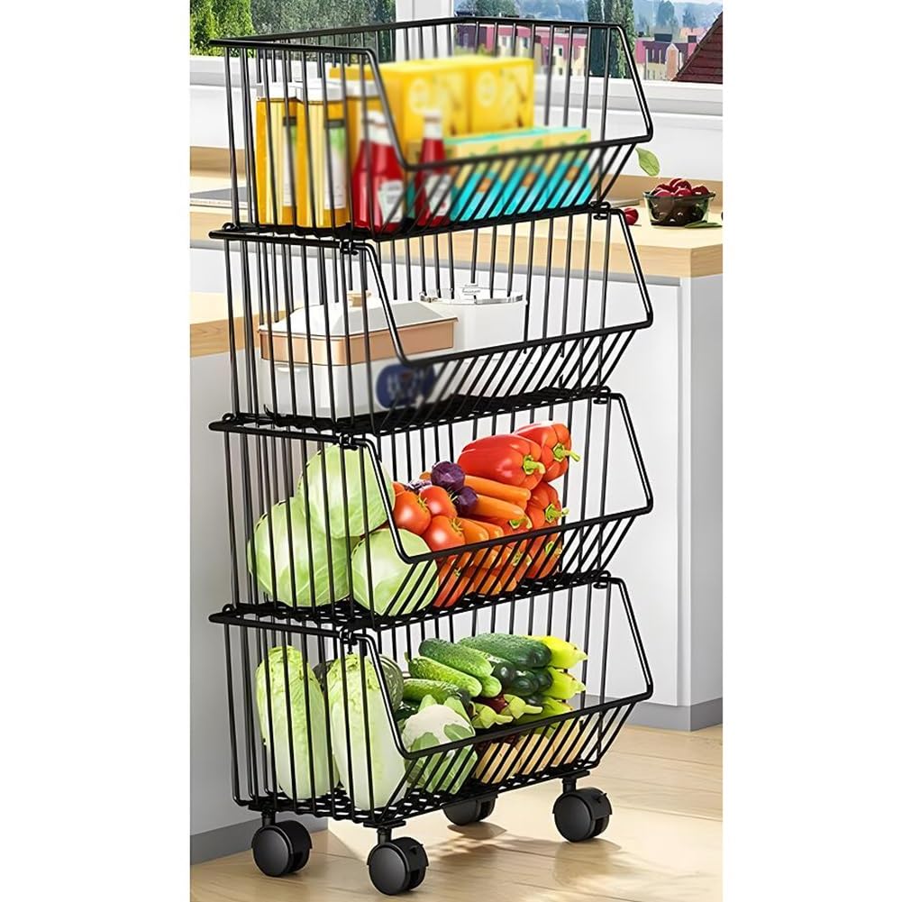 Küchenwagen Snack-Organizer für Vorratsregal Bodenstehender Obst- und Gemüsewagen, Mobiles multifunktionales Lagerregal, mehrstöckiges herausnehmbares Korbregal, für Küche, Wohnzimmer,