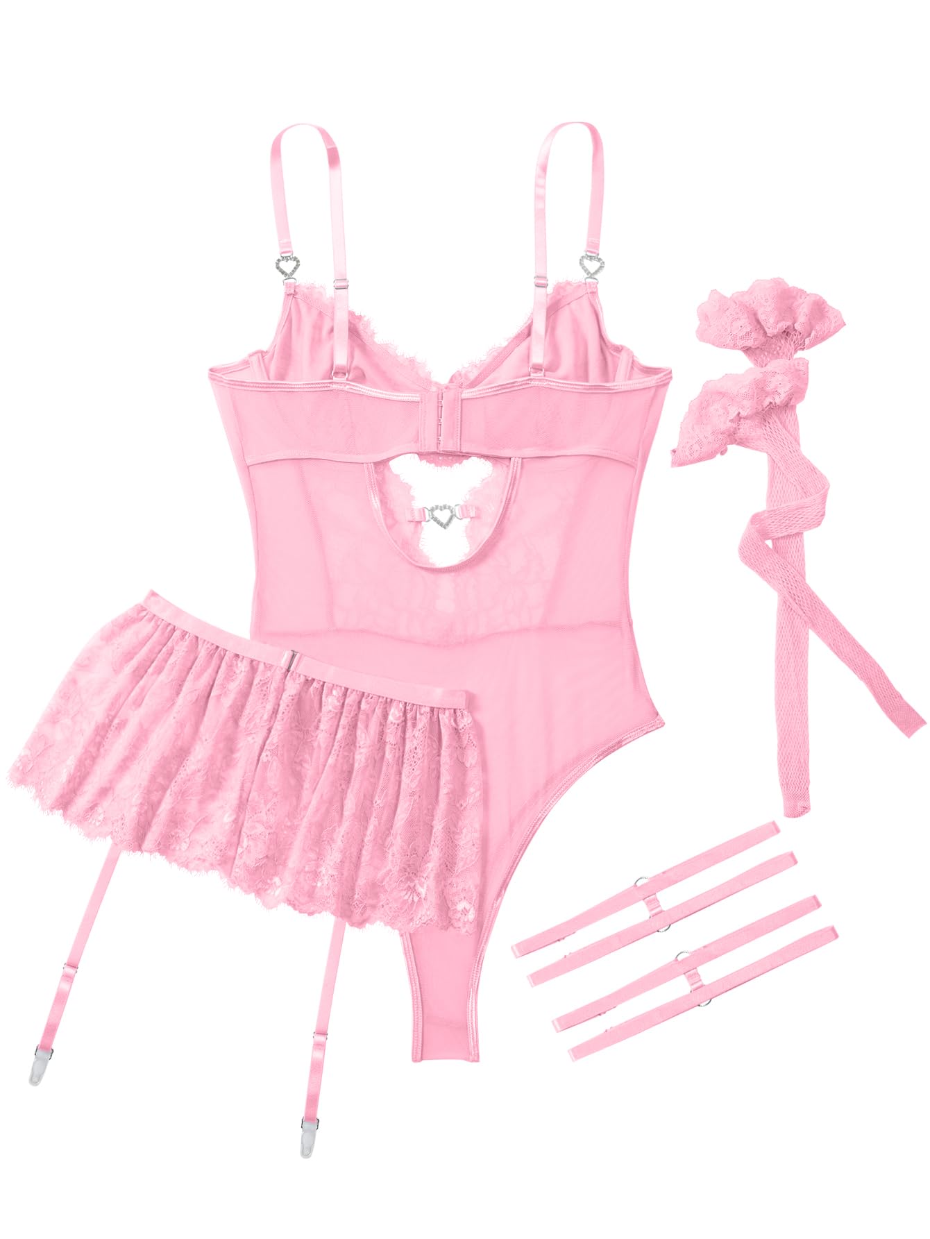 Sexy outfit Seksowne pończochy dżetów podwiązka w kształcie serca fiszbiny kwiecista siateczka koronkowa przezroczysta bielizna dla lalki Teddy body zestaw spódnic