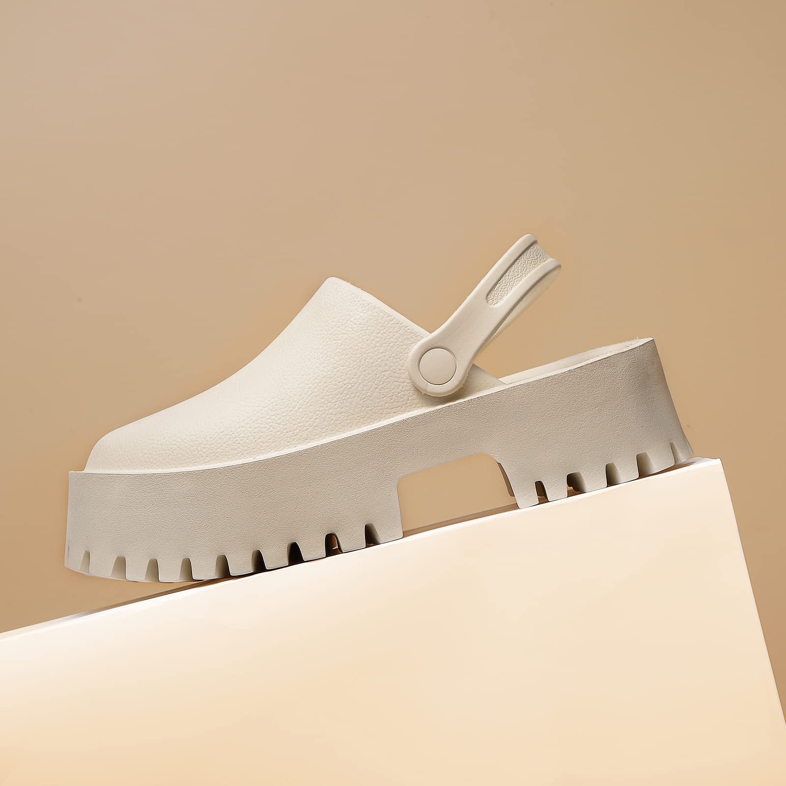 Women Platform Thick Soled Slippers,Beige Slip On Clogs Casual Non Slip Home Lazy Waterproof Fashion Sandals