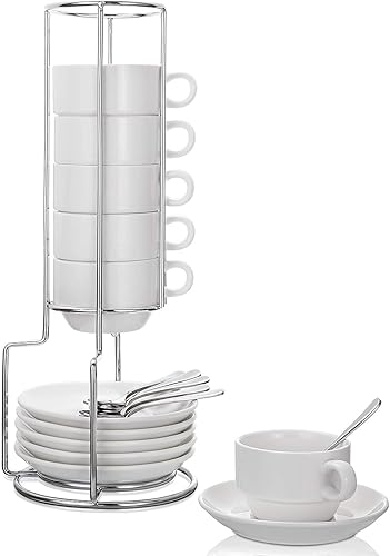 AOZITA Tazas y platillos de espresso con cucharas, estante de soporte, tazas apilables de porcelana de 19 piezas, tazas Demitasse de 2.5 onzas para