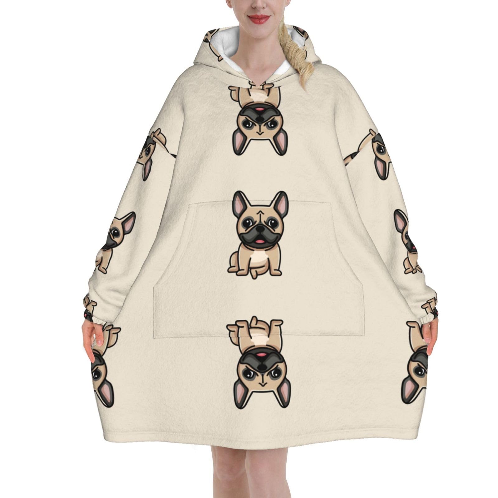 peiyeety French Bulldog,Women's Oversized Wearable Blanket Hoodie, Sweatshirt,Flannel Pullover Blanket