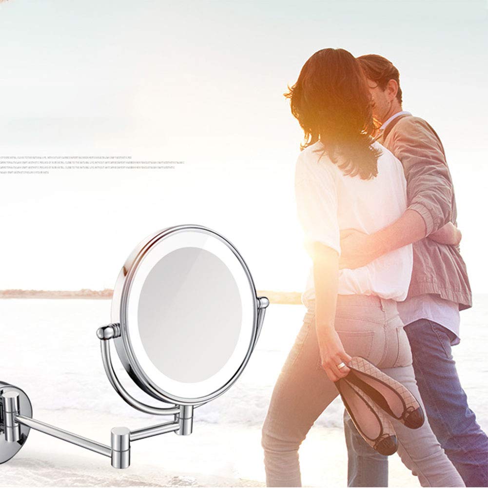 Espejo de Maquillaje, Espejo de maquillaje montado en la pared con aumento, espejo de tocador de baño de dos caras premium de 8 pulgadas con luz LED, giratorio de 360 grados, brazo extensible, redondo