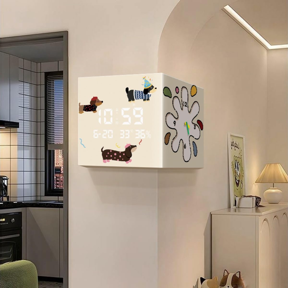 Dwustronny elektroniczny zegar ścienny do narożnika salonu, kreatywny kreskówkowy szczeniak design dekoracyjny zegar