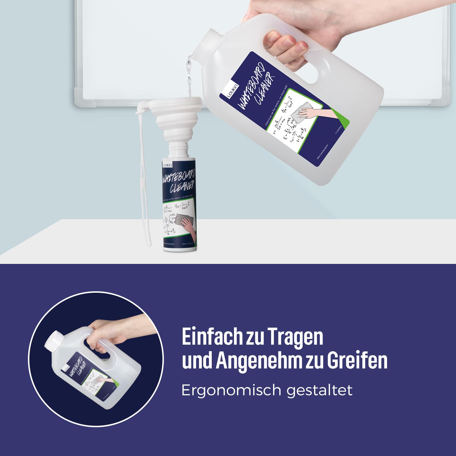 loukin Whiteboard-Reiniger 1 L Nachfüllflasche, mit faltbarem Silikontrichter, Trocken abwischbares Reinigungsspray, entfernt hartnäckige Flecken, ungiftig und geruchsarm