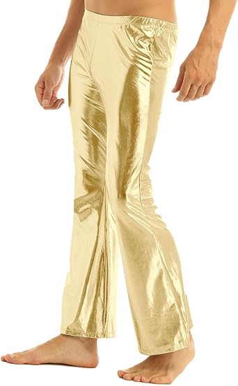 inlzdz Men's Shiny Metallic Pants Athletic Leggings 70's Disco Party Night Club Dance Jazz Flared Bell Bottom