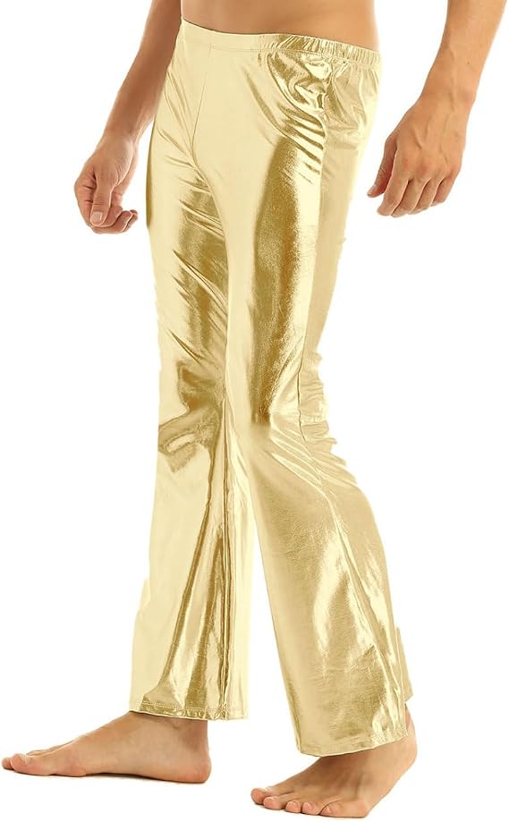 inlzdz Men's Shiny Metallic Pants Athletic Leggings 70's Disco Party Night Club Dance Jazz Flared Bell Bottom