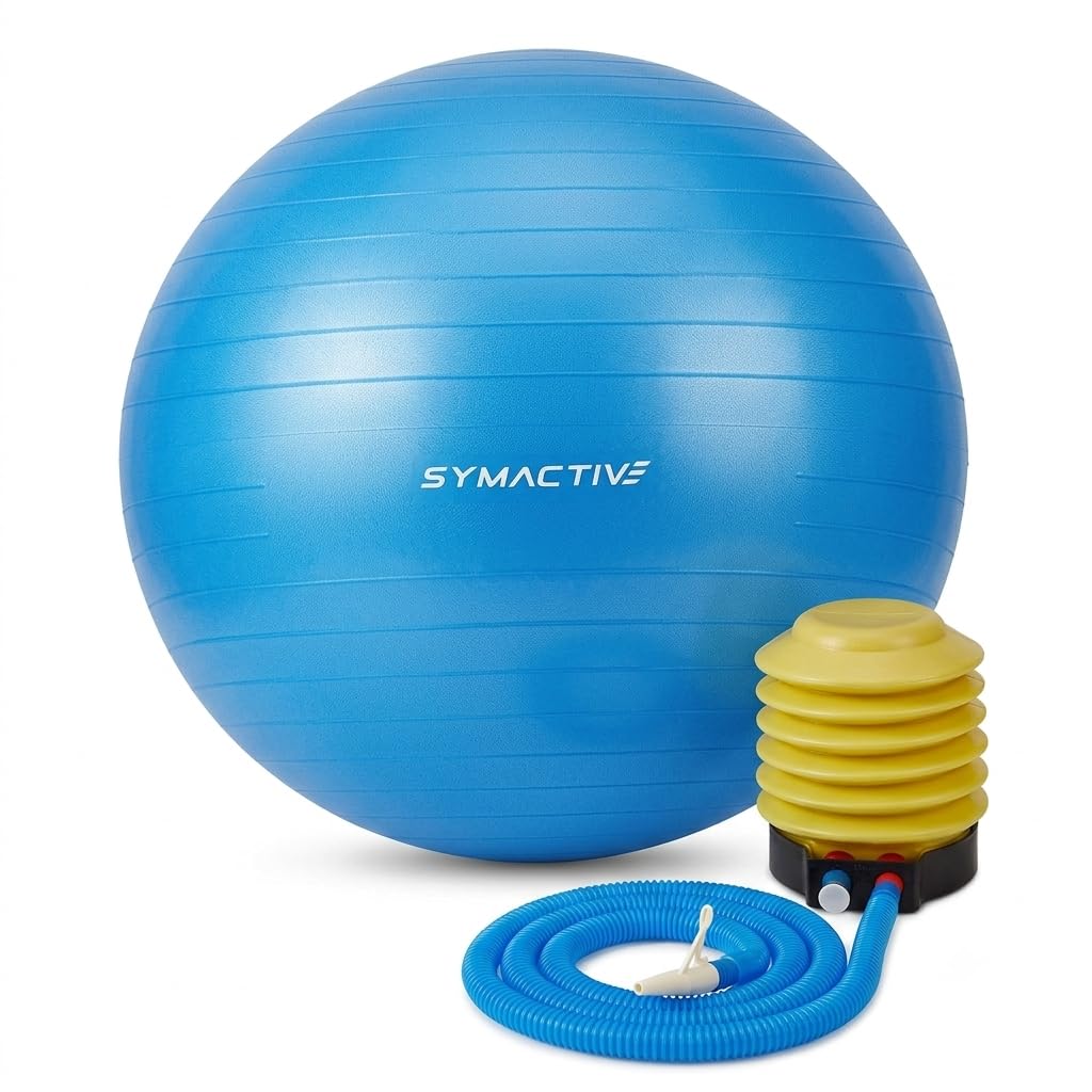 amazon brand - symactive anti-burst rubber gym ball with foot pump | round shape swiss ball for workout, yoga, balance & stability | birthing ball for pregnancy | 55 cm | blue