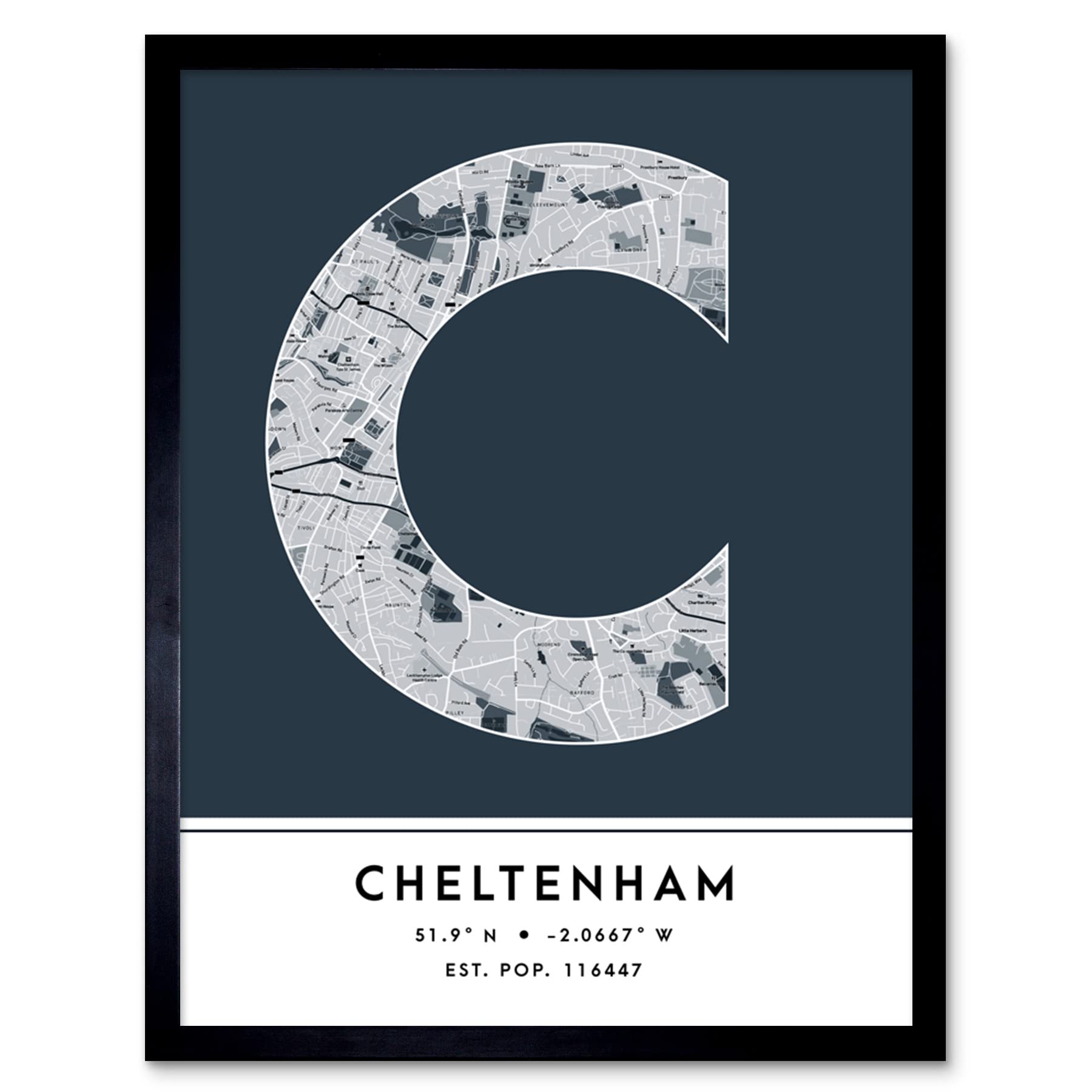 Wee Blue Coo Cheltenham England United Kingdom City Map Navy Colour Block Modern Typography Stylish Letter Framed Word Wall Art Print Poster for Home Décor CITYMAP1