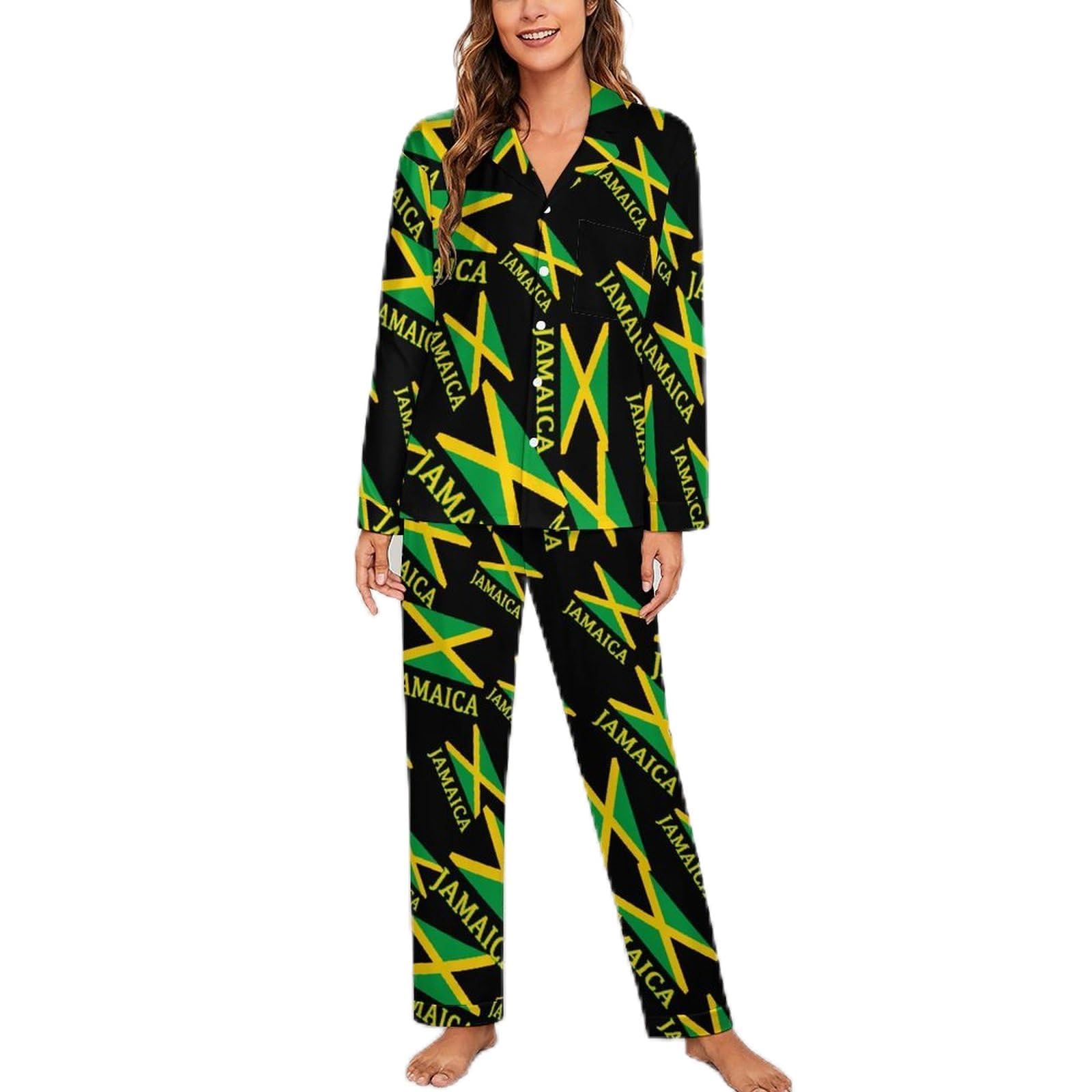 Women's Black Jamaican Flag Pyjamas Set Long Sleeve Pjs Sets Pajama Sets Sleepwear Loungewear S