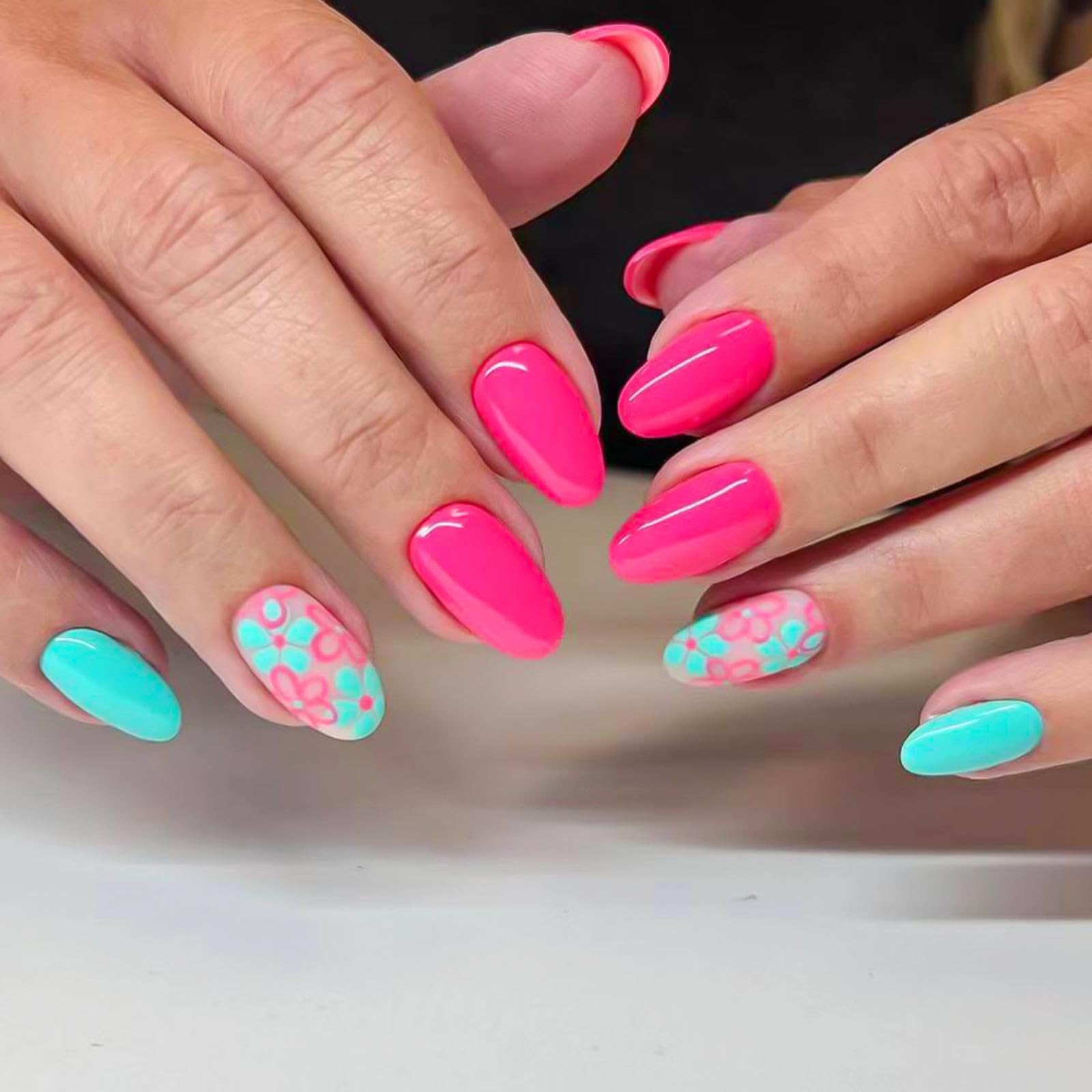 Flower Press on Nails Pink Fake Nails with Blue Design Floral Glue on Nails Glossy Artificial Acrylic Full Cover Stick on Nails Short Almond False