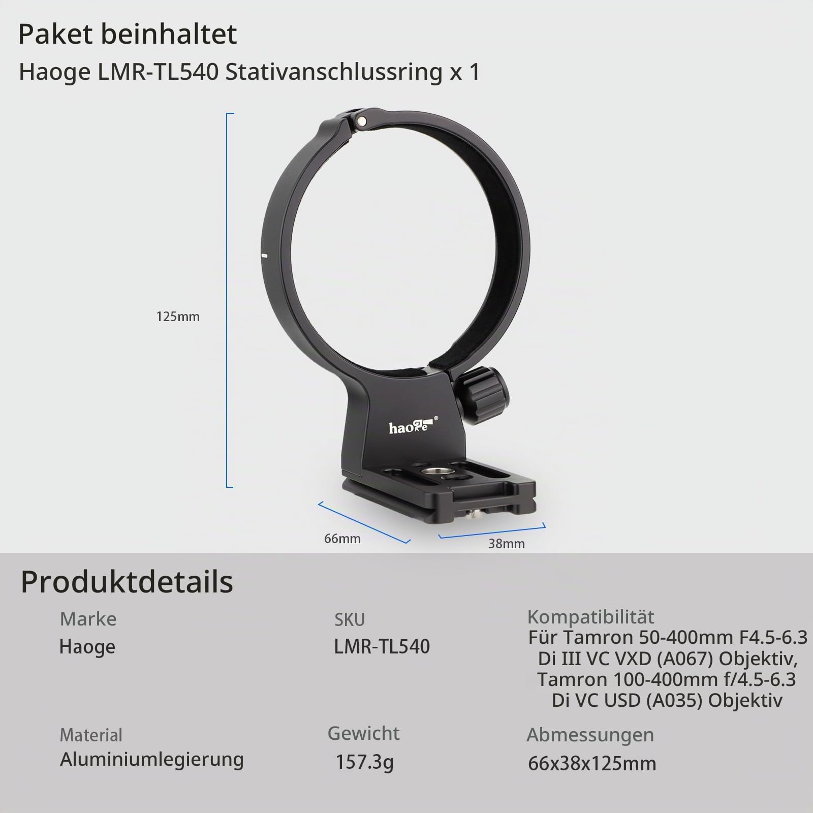 Haoge LMR-TL540 Stativhalterungsring für Tamron 50-400mm A067,100-400mm f/4.5-6.3 Di VC USD A035 Objektivkragen, integrierte Arca-Schnellwechselplatte ersetzt Tamron A035 TM