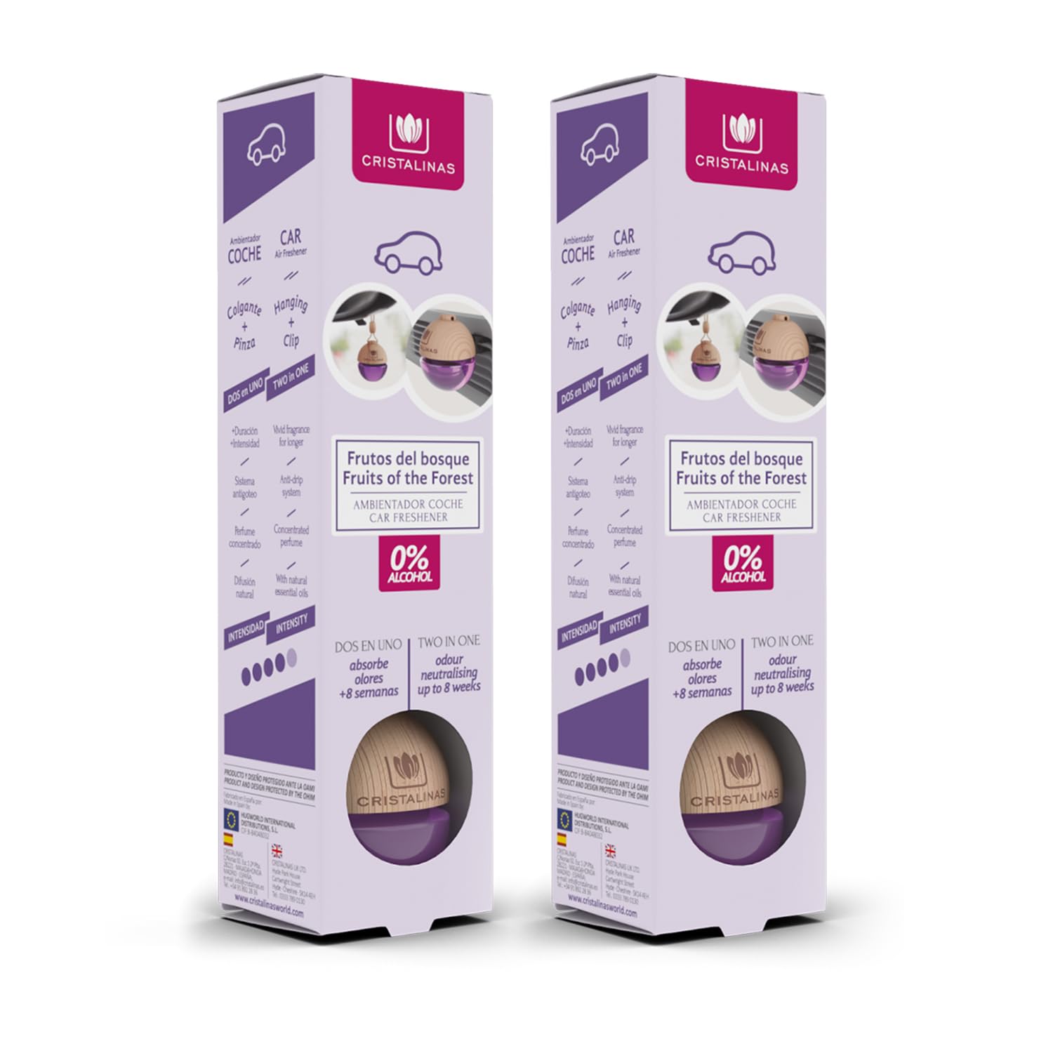 CRISTALINAS | Pack 2 Ambientadores Esfera para Coche| Aroma a Frutos del Bosque | Absorbe los Malos Olores de tu Vehículo con un agradable Aroma | Larga Duración 8 Semanas | 6 ml | 0% Alcohol