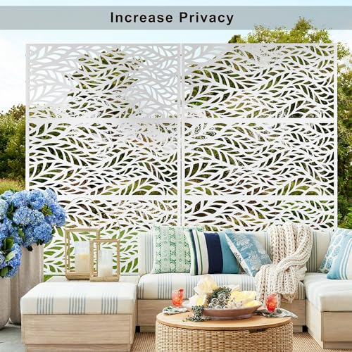 Elevens Metal Privacy Screen Outdoor Patio Screen Panels Freestanding Decorative Screen Set with Stand for Deck Patio Balcony Garden Outdoor&Indoor, White-flowleaf by Elevens - Image 4