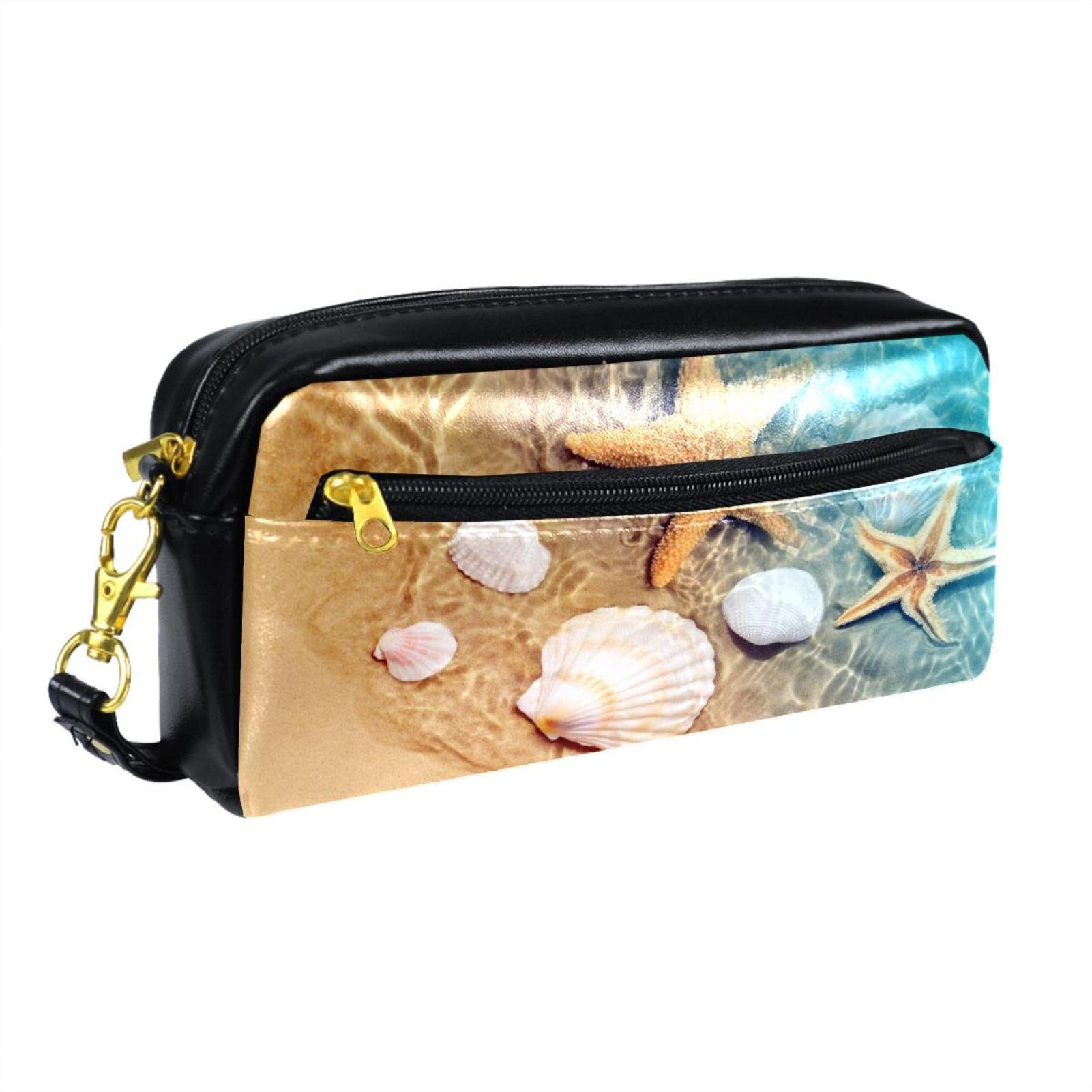 NigelMu Travel Small Makeup Bag for Women,Leather Pencil Bag Cosmetic Bag,ses beach shells starfishes,Makeup Pouch Pen Bag