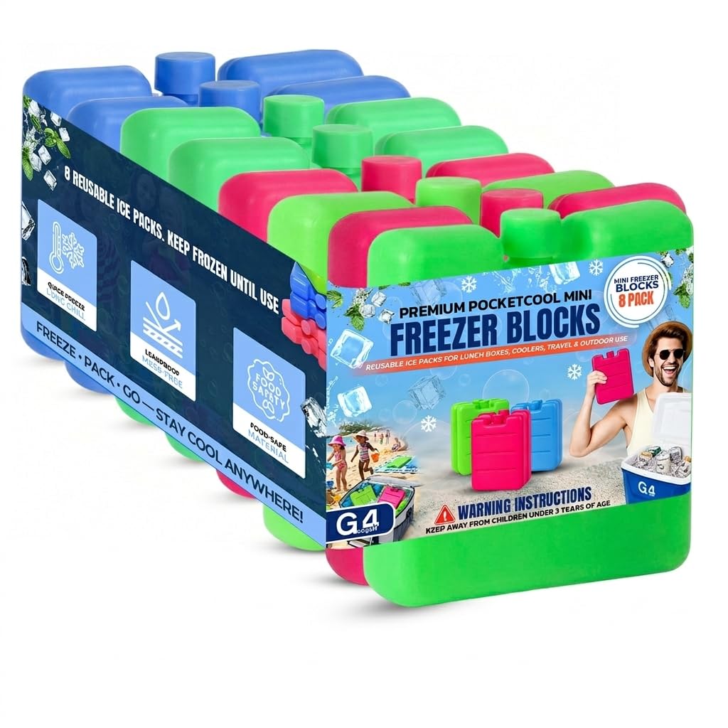 G4GADGET Freezer Blocks 8 Pack (8cm) | Reusable Ice Packs for Cool Bags, Lunch Boxes & Cool Boxes | Long Lasting Cooler Blocks for Travel, Picnic, Camping Accessories | Leakproof & Durable