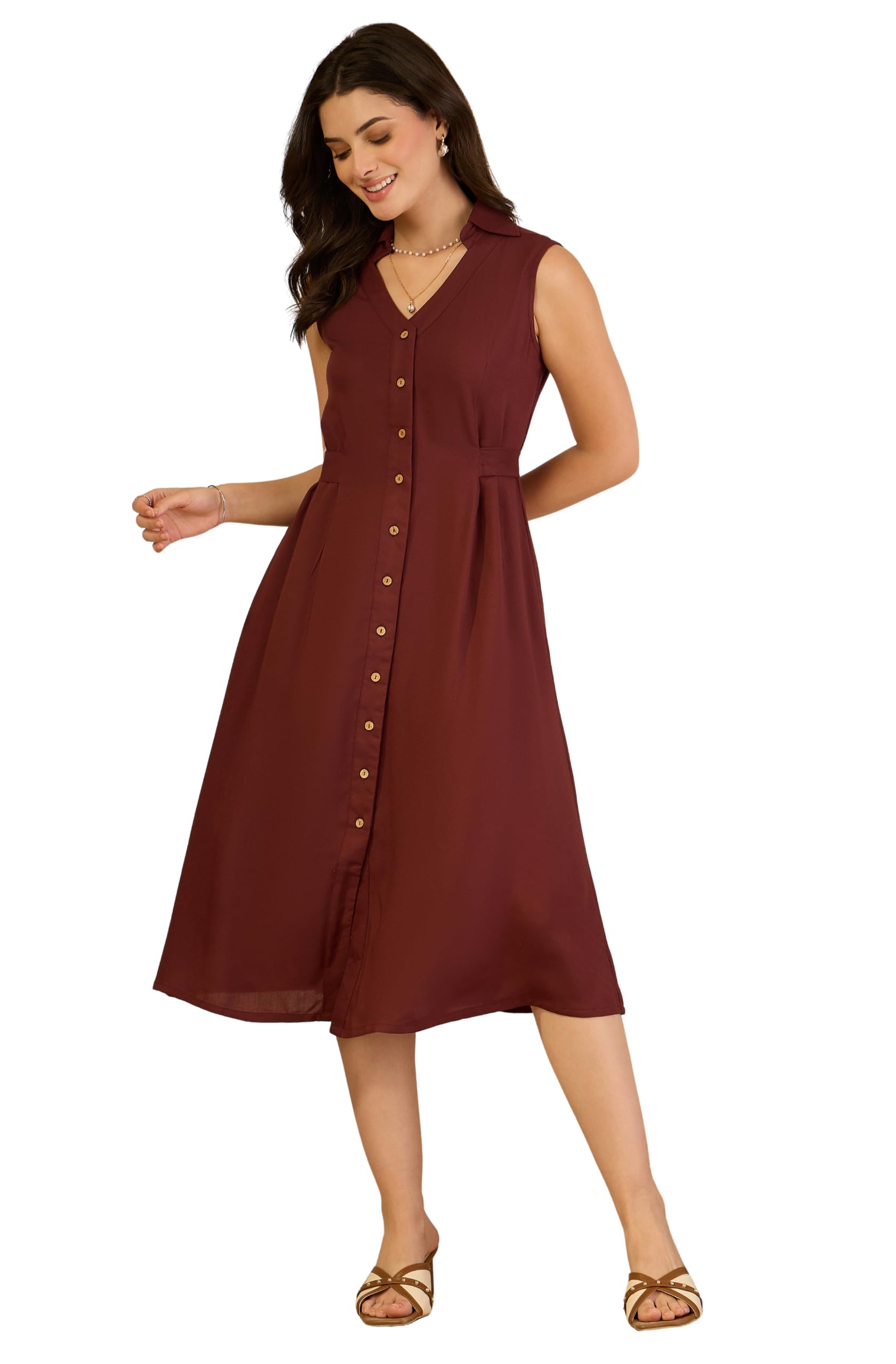 janasya Women's Brown Rayon Solid A-Line Dress-picture-13