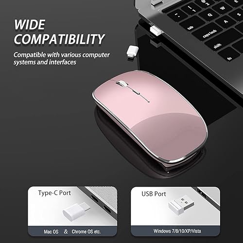 Miniatura 2 de Ratón inalámbrico cargable, portátil, silencioso USB y tipo C, doble modo, 3 DPI ajustables para laptop, Mac, Android, PC (Q23S negro) (oro rosa)